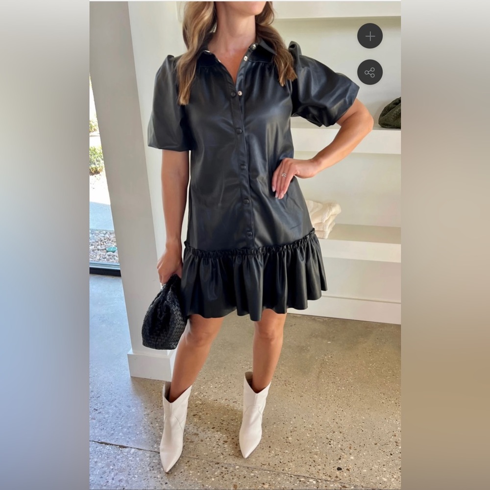 BLACK FAUX LEATHER PUFF SLEEVE RUFFLE DRESS